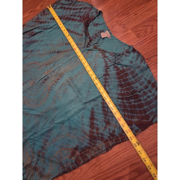 World Market Turquoise Brown Tie Dye Kaftan Top L XL V Neck Rayon - Picture 7 of 7